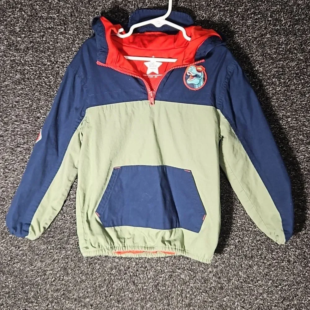 365 Kids Pullover Jacket Tan Navy Orange Dinosaur Size 6 Quarter 1/4 Zip